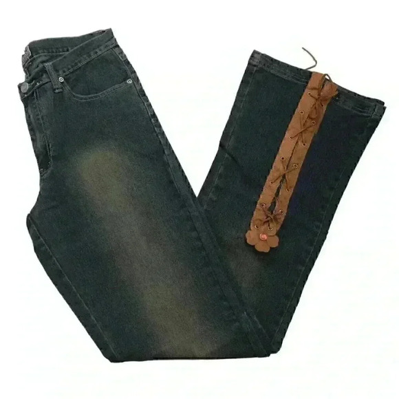 NWT Waist Size 31 Y2K Dark Wash Lace Up Flower Denim Flared Jeans Festival Boho - Picture 1 of 10
